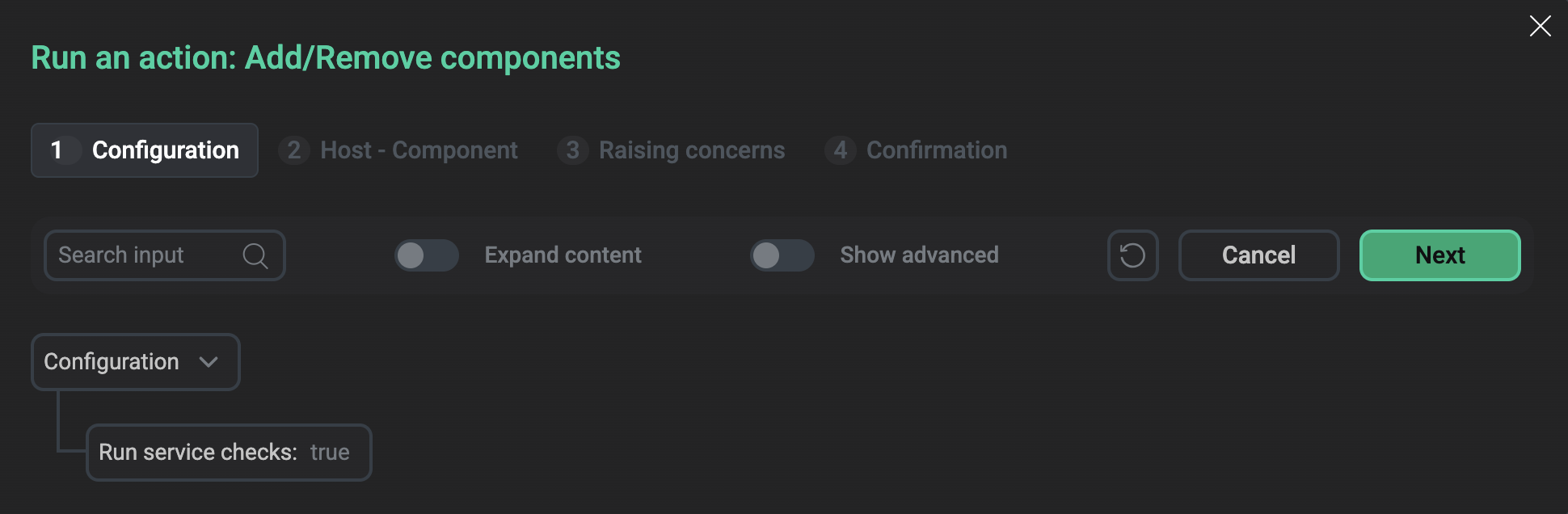 Окно Run an action