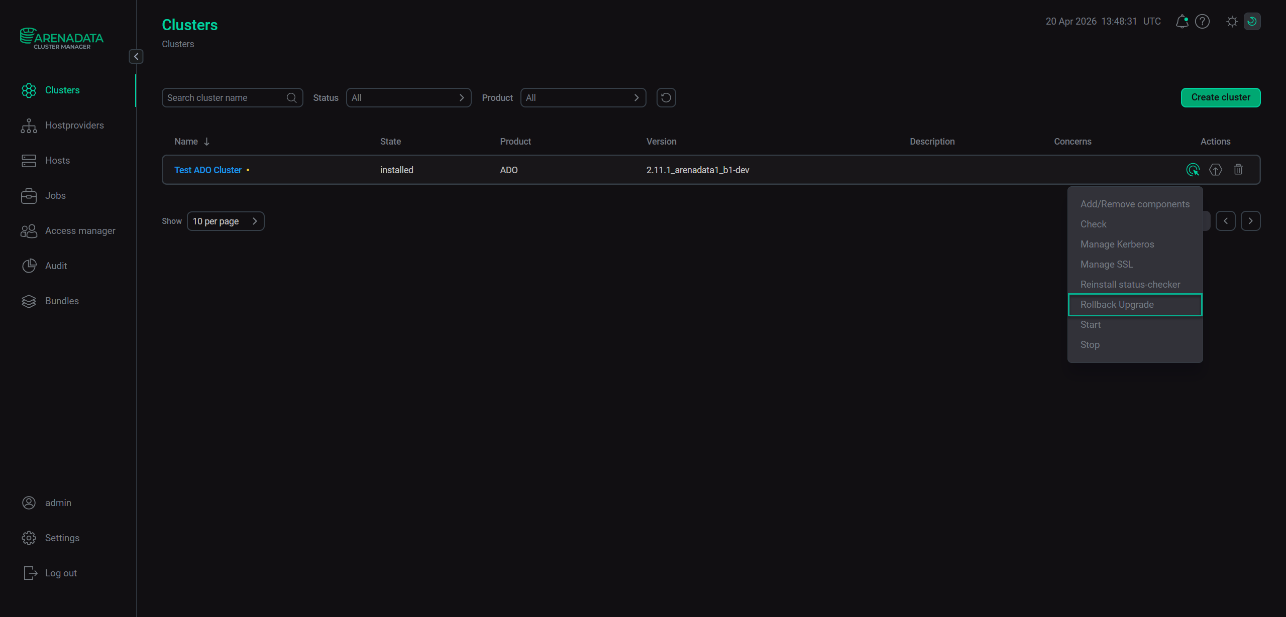 Действие Rollback Upgrade