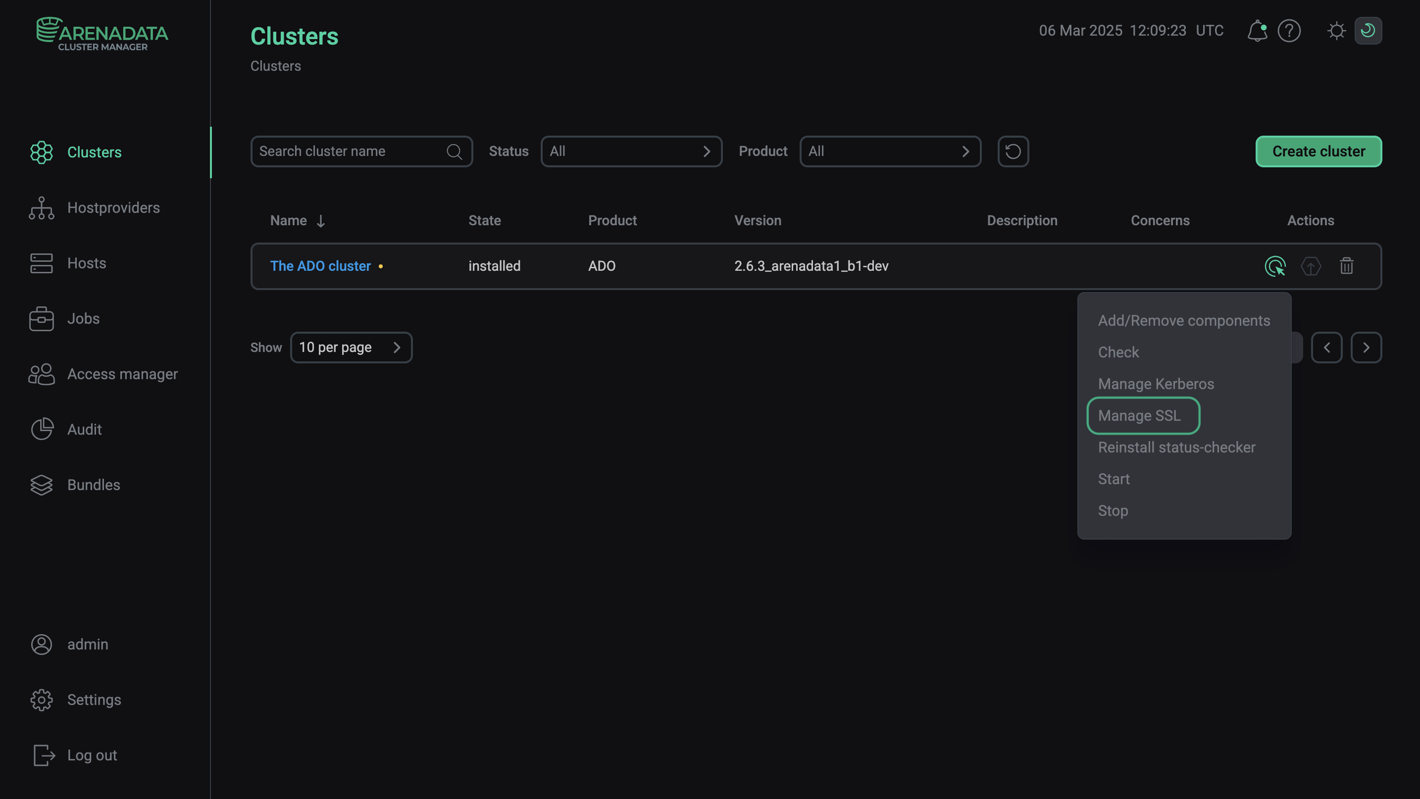 Выполнение действия Manage SSL