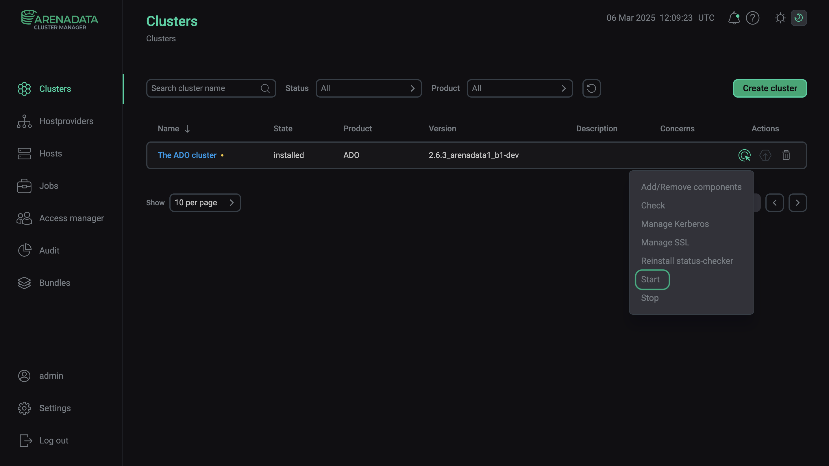 Выполнение действия Start