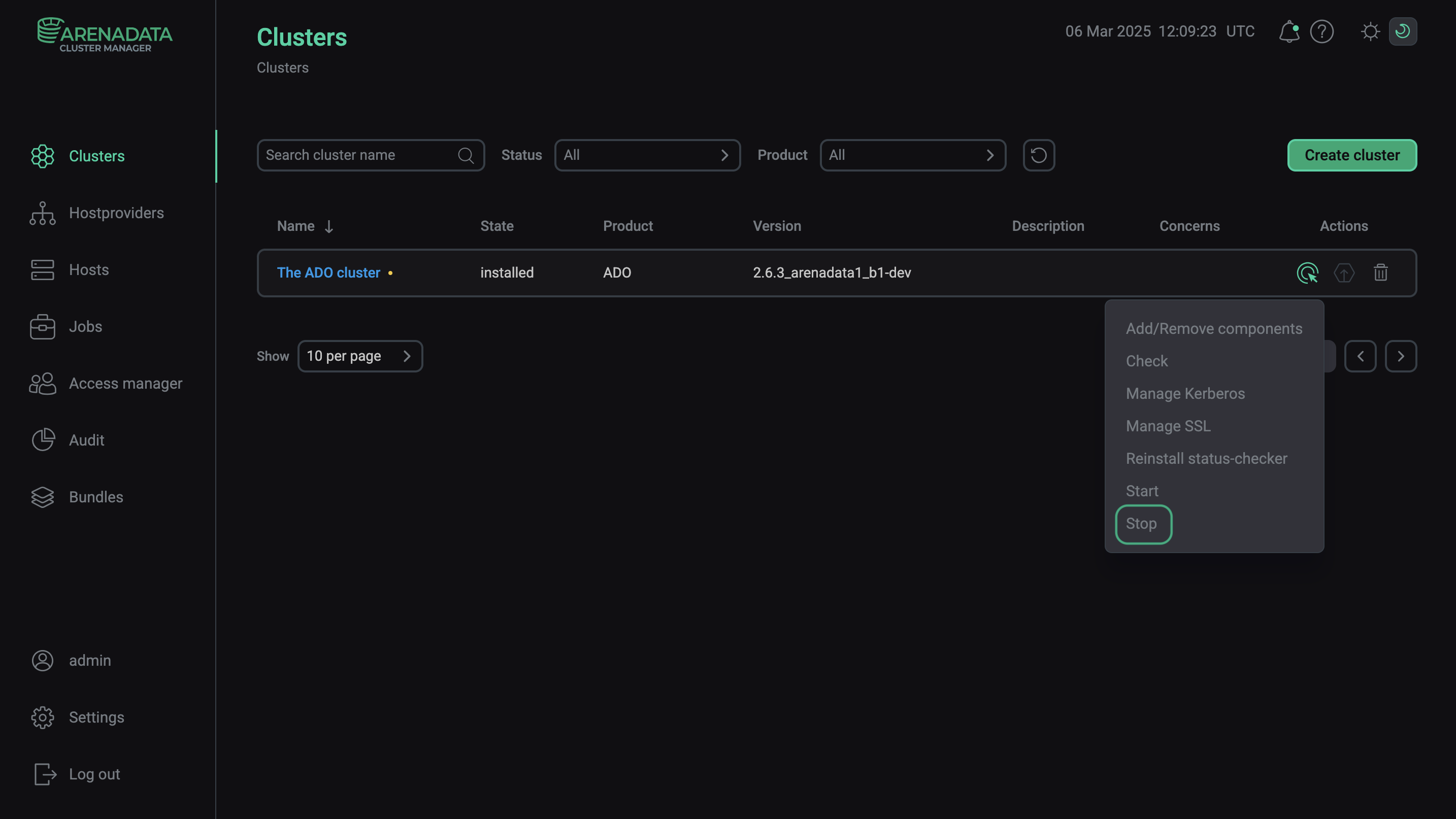 Выполнение действия Stop