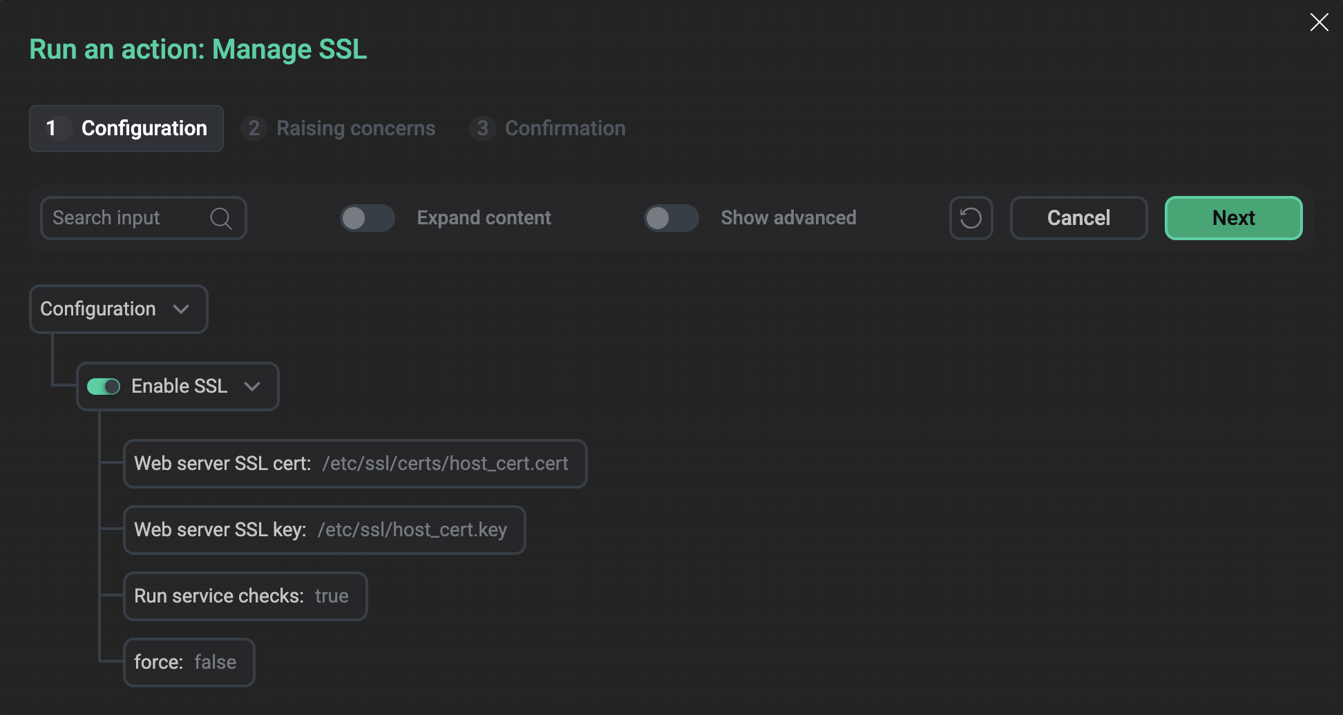 Включение SSL действием Manage SSL
