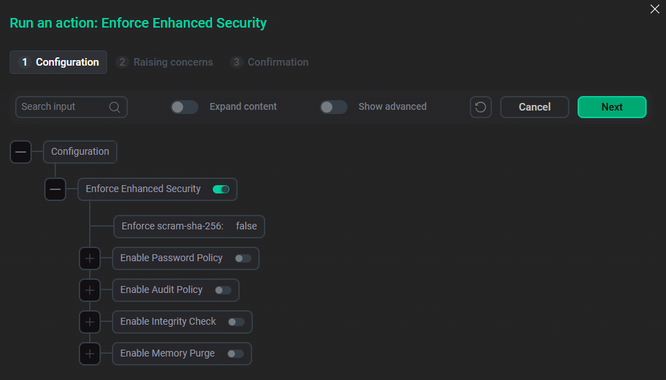 Окно Run an action: Enforce Enhanced Security