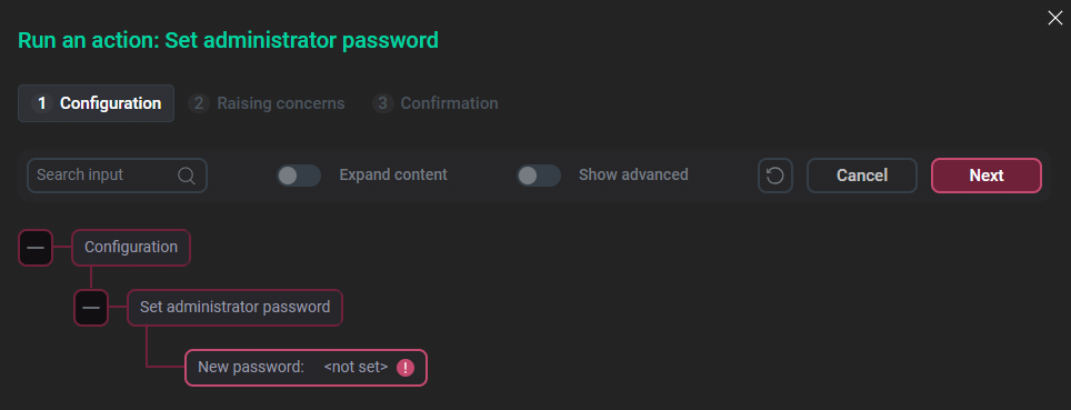 Окно Run an action: Set administrator password