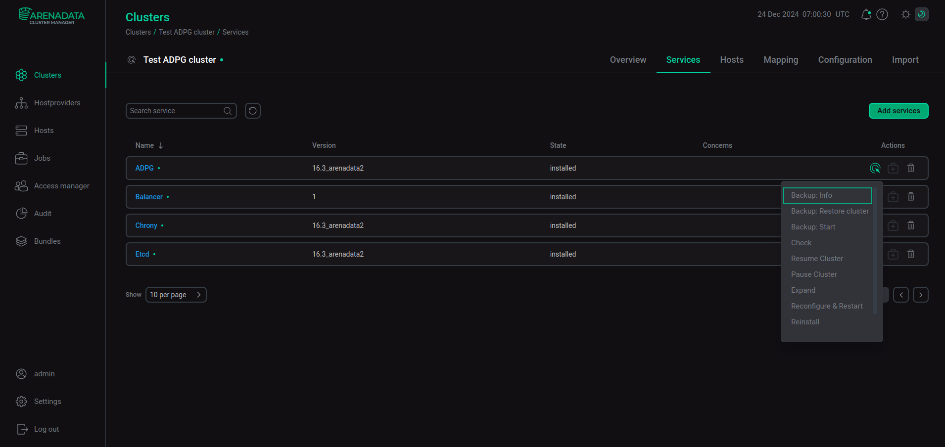 Выполнение действия Backup: Info