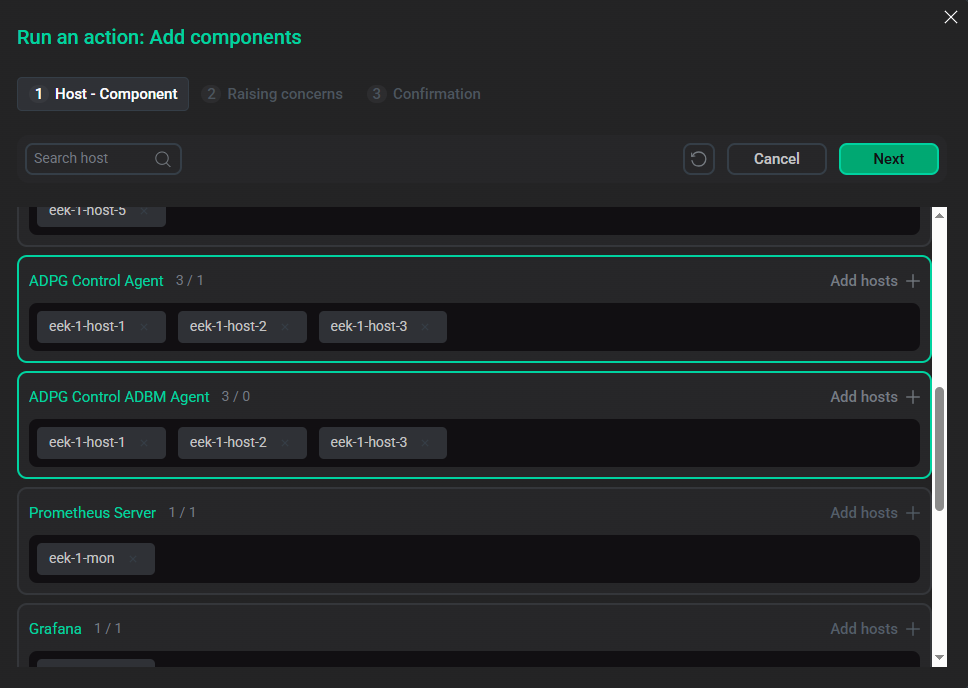 Окно действия Add components