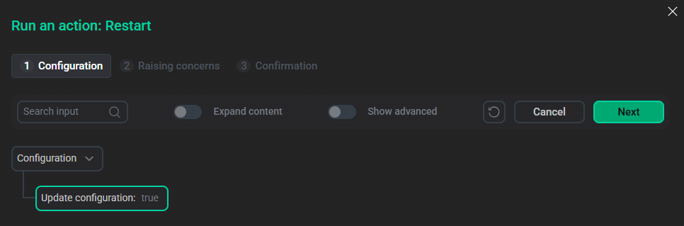 Окно действия Restart