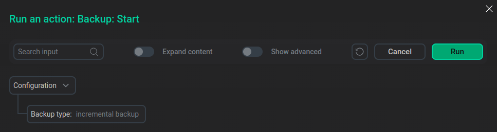 Окно Run an action: Backup: Start