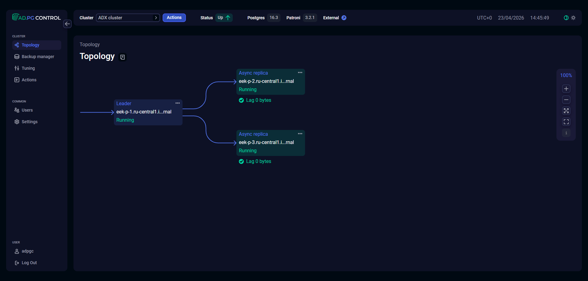Топология внешнего кластера PostgreSQL в ADP Control