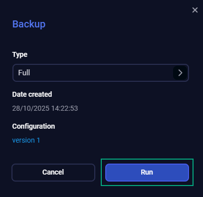 Окно действия Backup