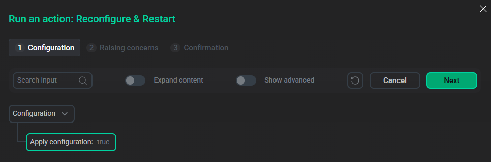 Окно действия Reconfigure & Restart