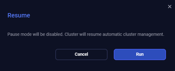 Окно действия Resume cluster