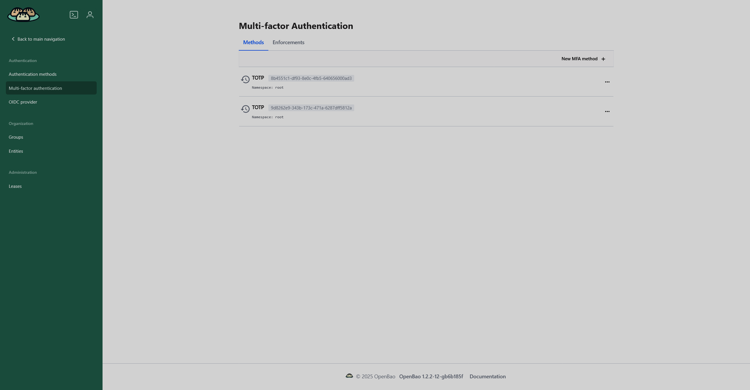 Страница Multi-factor authentication с настроенными методами TOTP