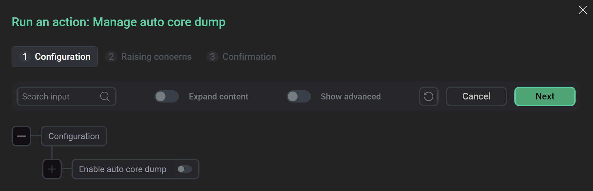 Отключение сбора дампов памяти действием Manage auto core dump