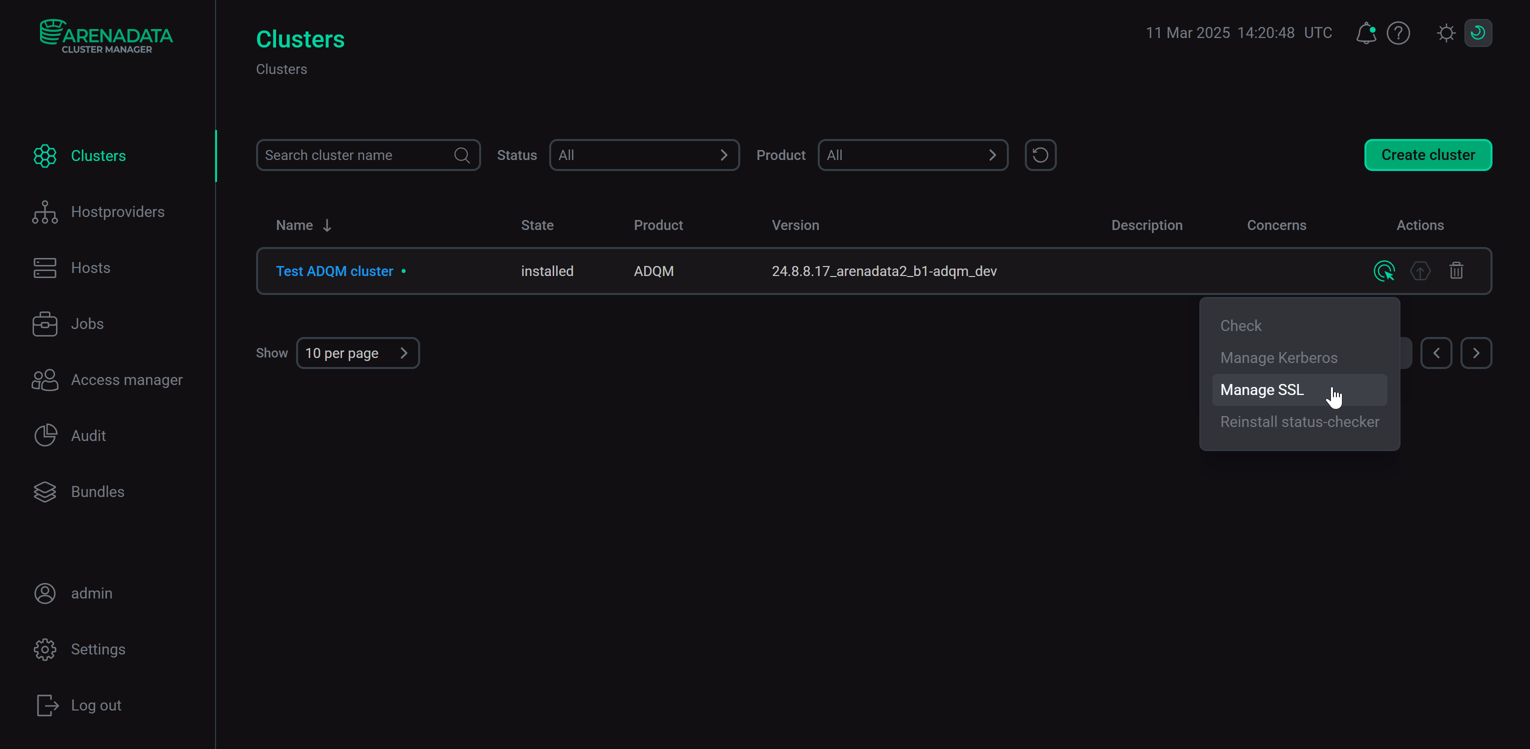 Запуск действия Manage SSL