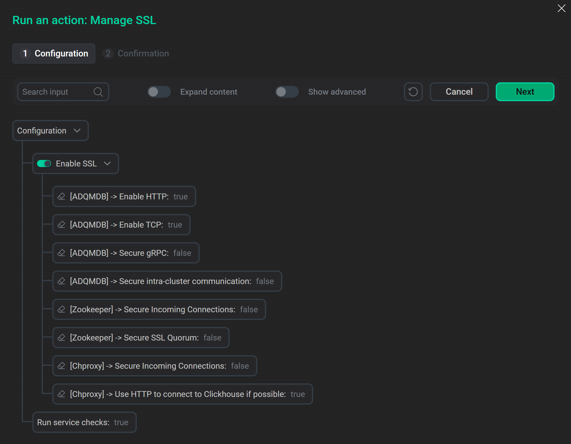 Параметры для включения SSL в окне конфигурации действия Manage SSL