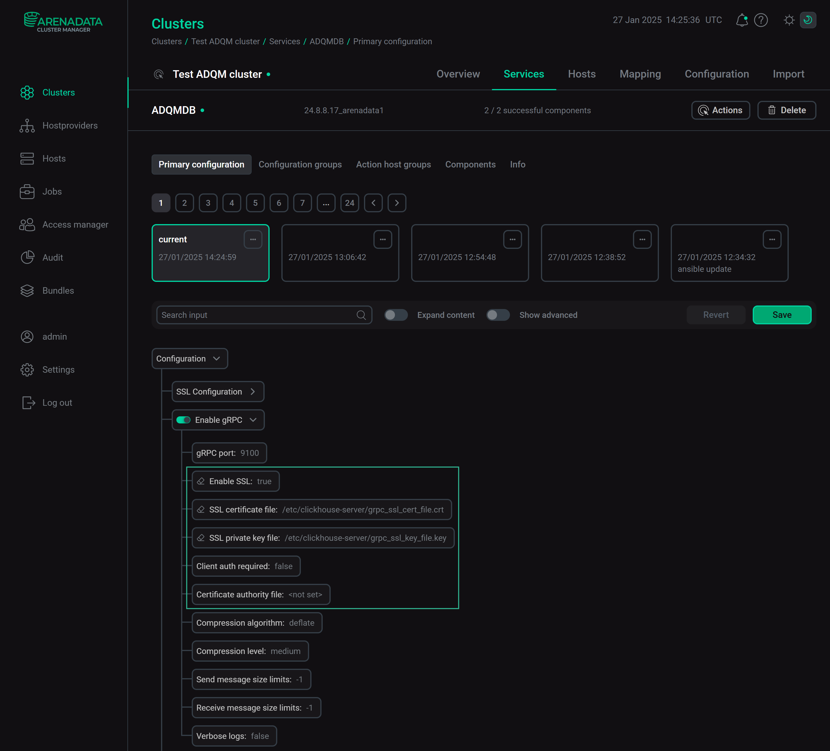 Конфигурационные параметры сервиса ADQMDB для SSL-подключений через gRPC