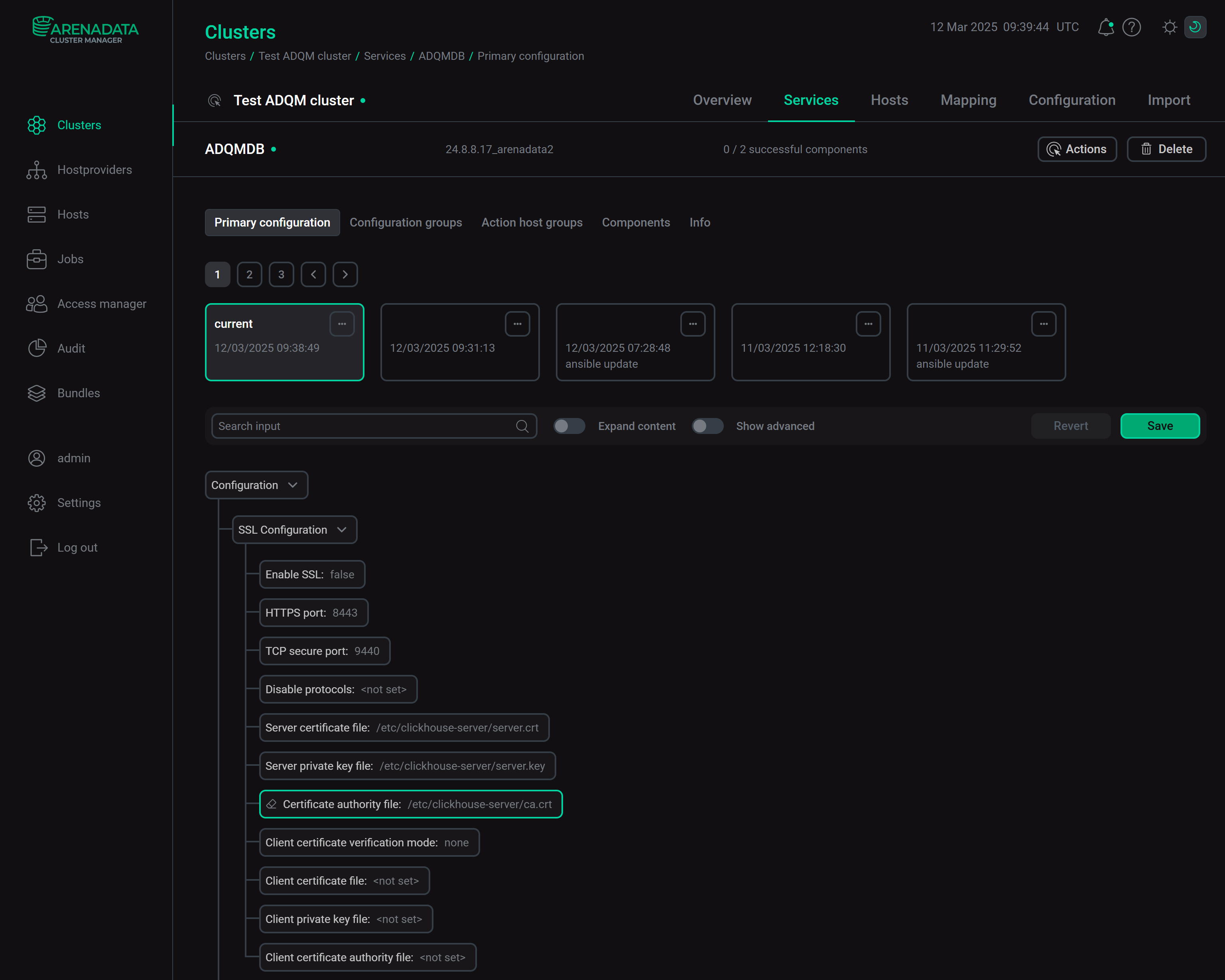 Параметры SSL для сервиса ADQMDB