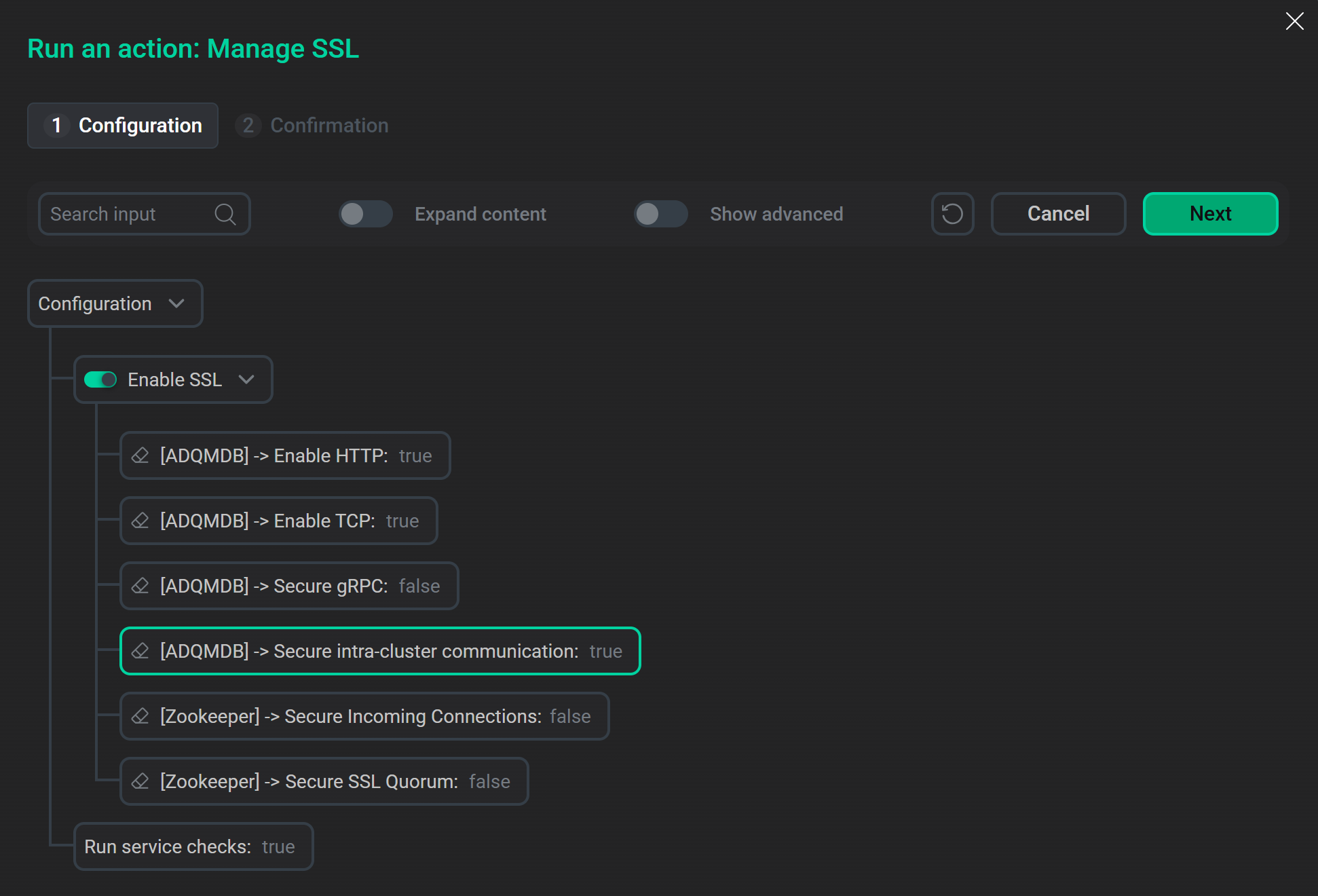 Включение SSL в ADQM через кластерное действие Manage SSL