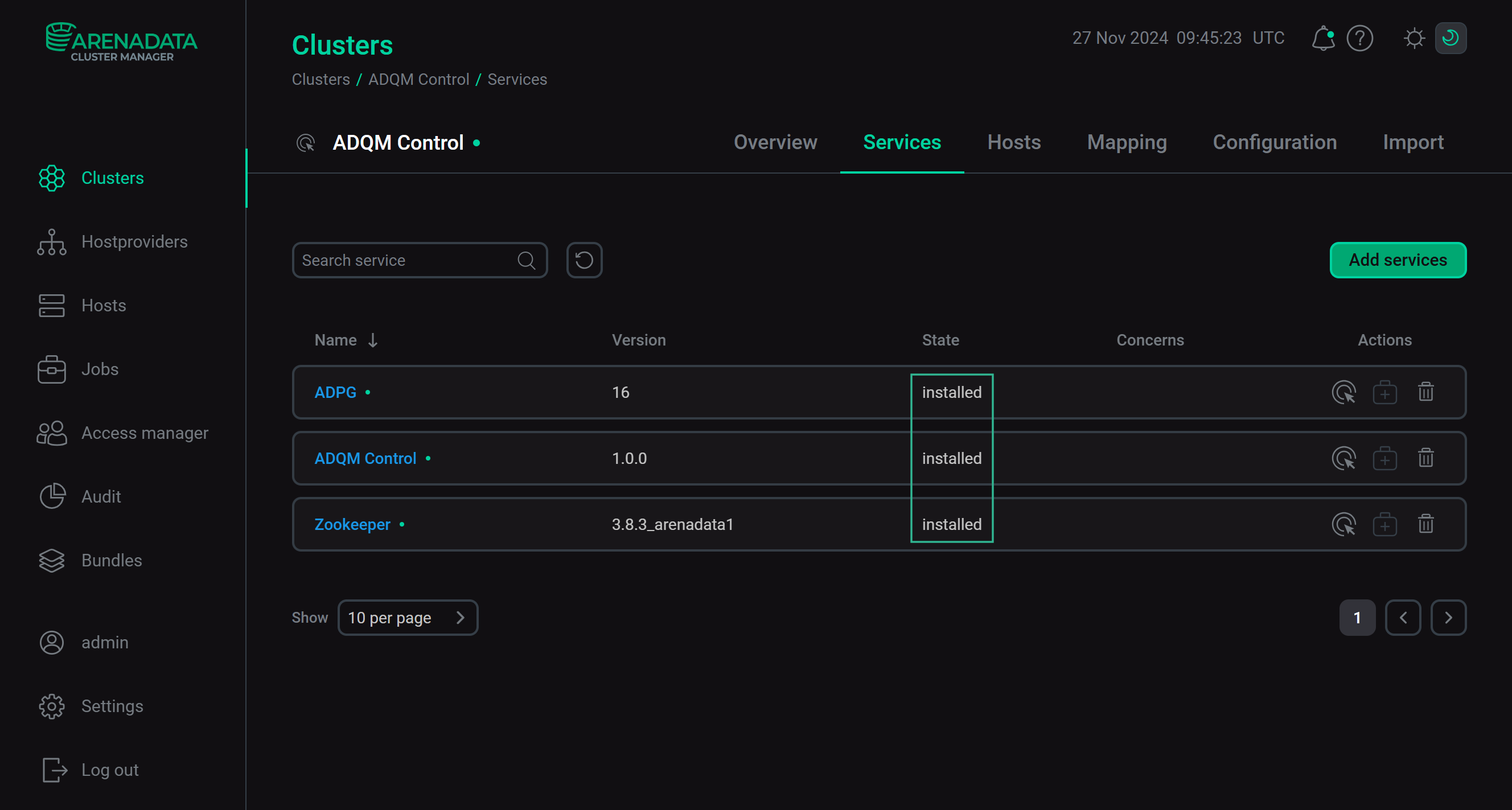 Статус сервисов кластера после успешной установки