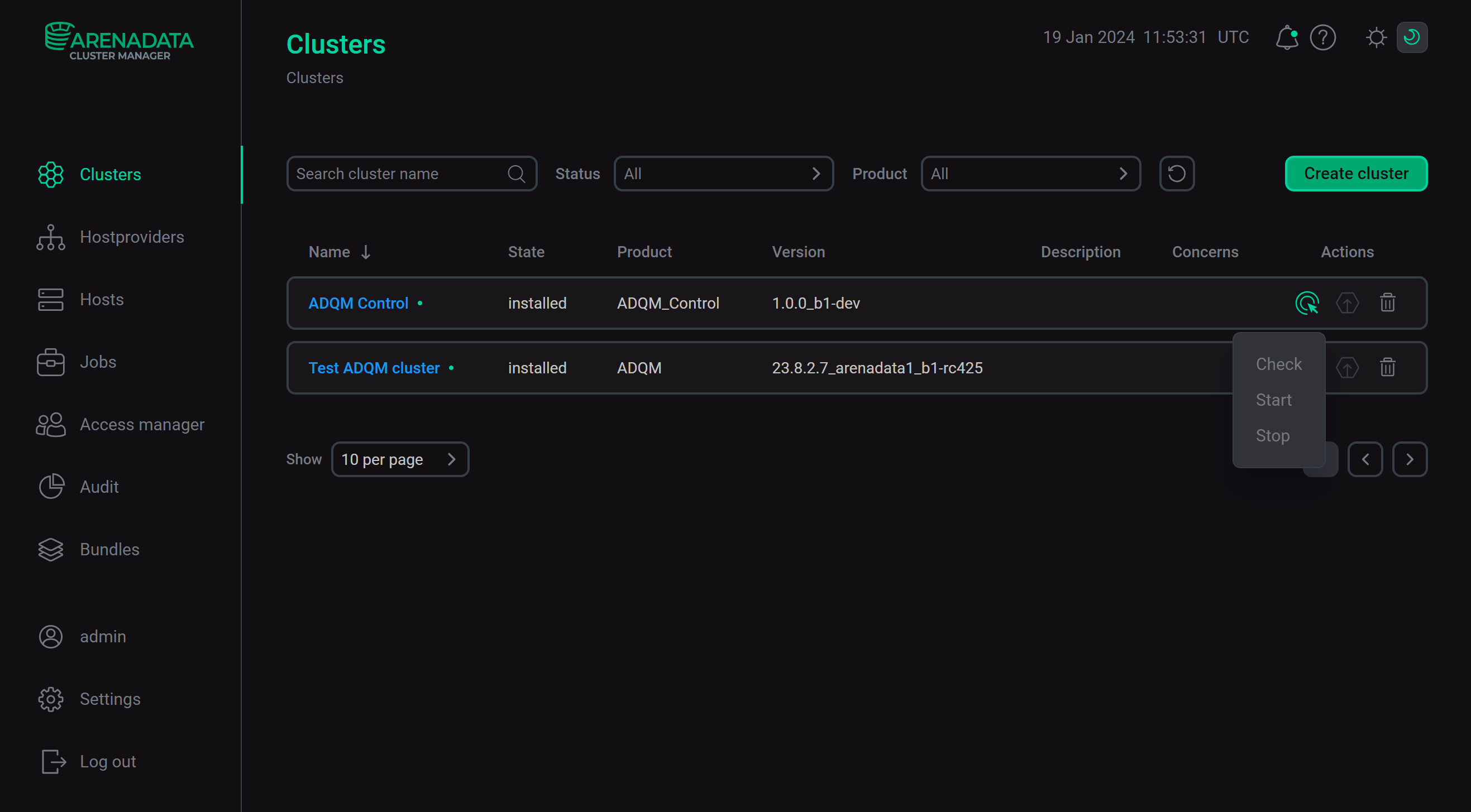 Действия для работы с кластером ADQM Control