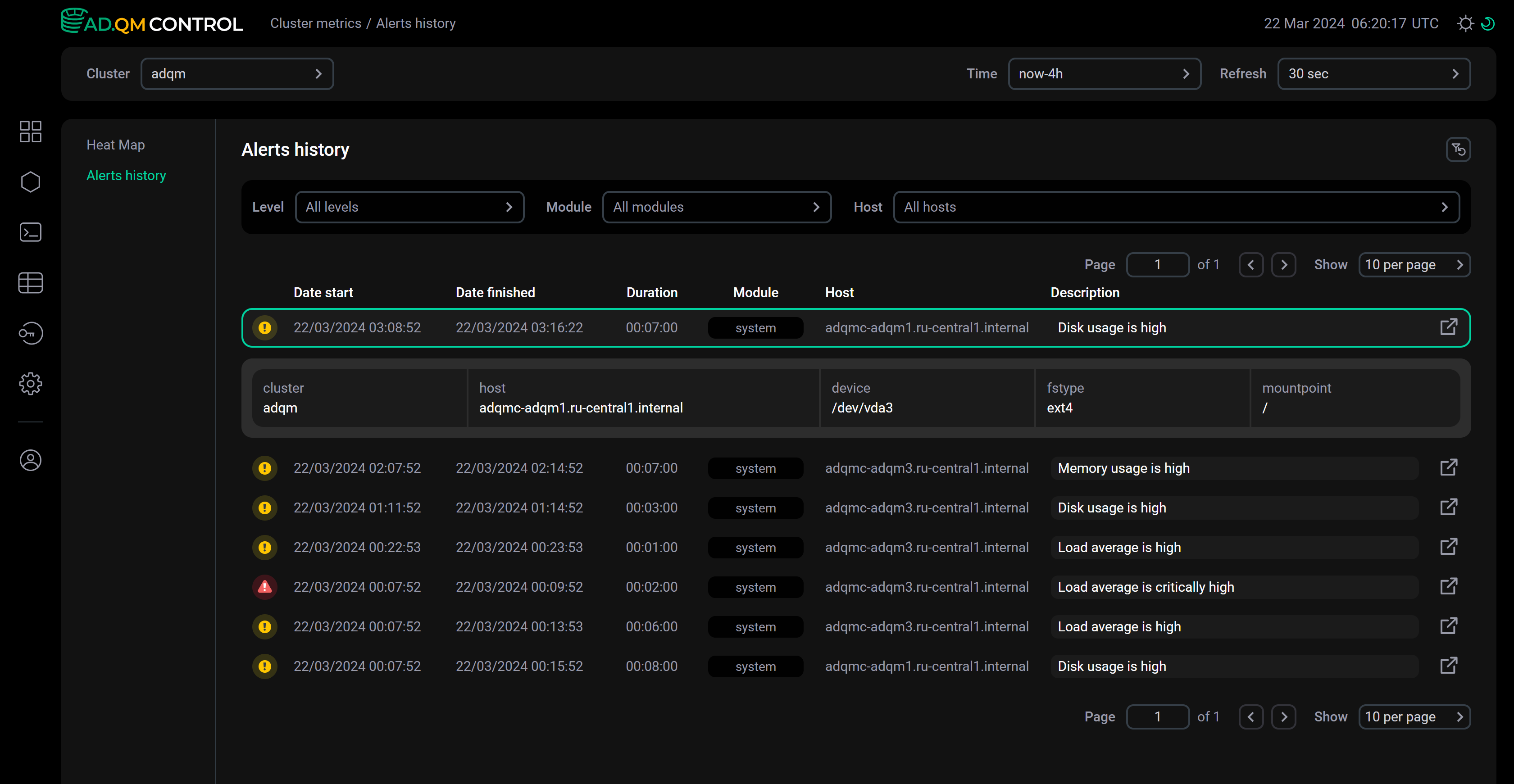 Детали оповещения в списке