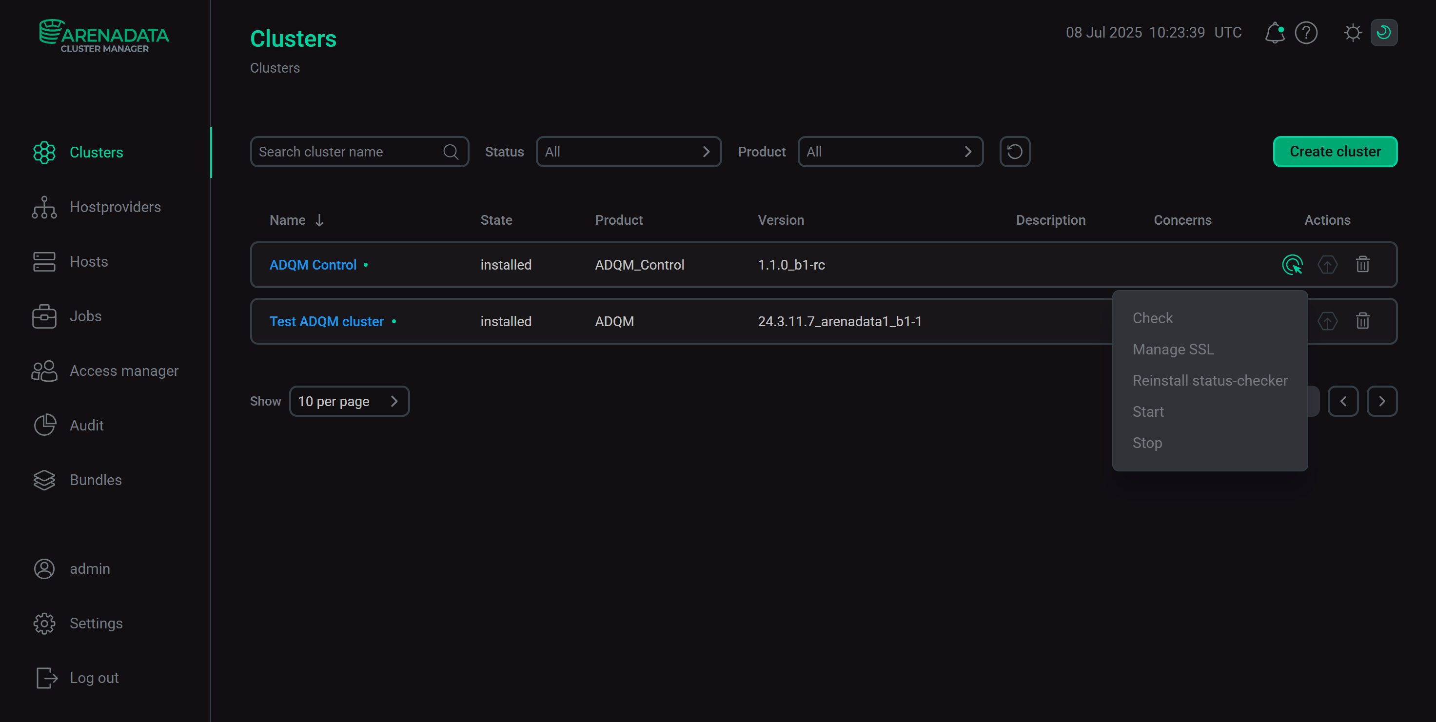 Действия для работы с кластером ADQM Control