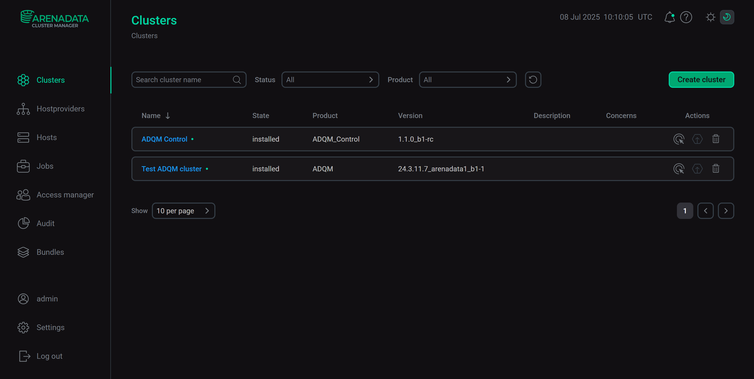 Страница Clusters