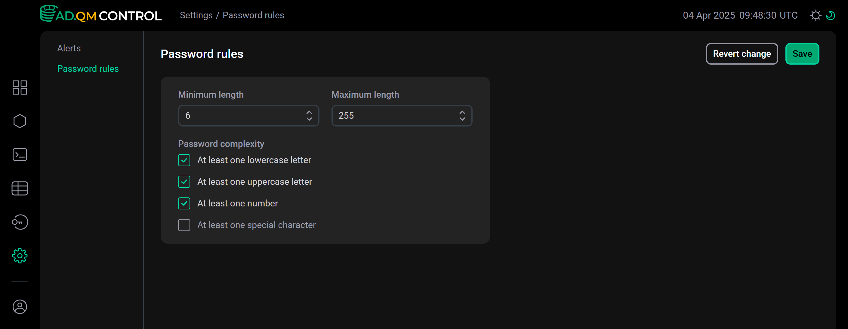 Страница Settings → Password rules