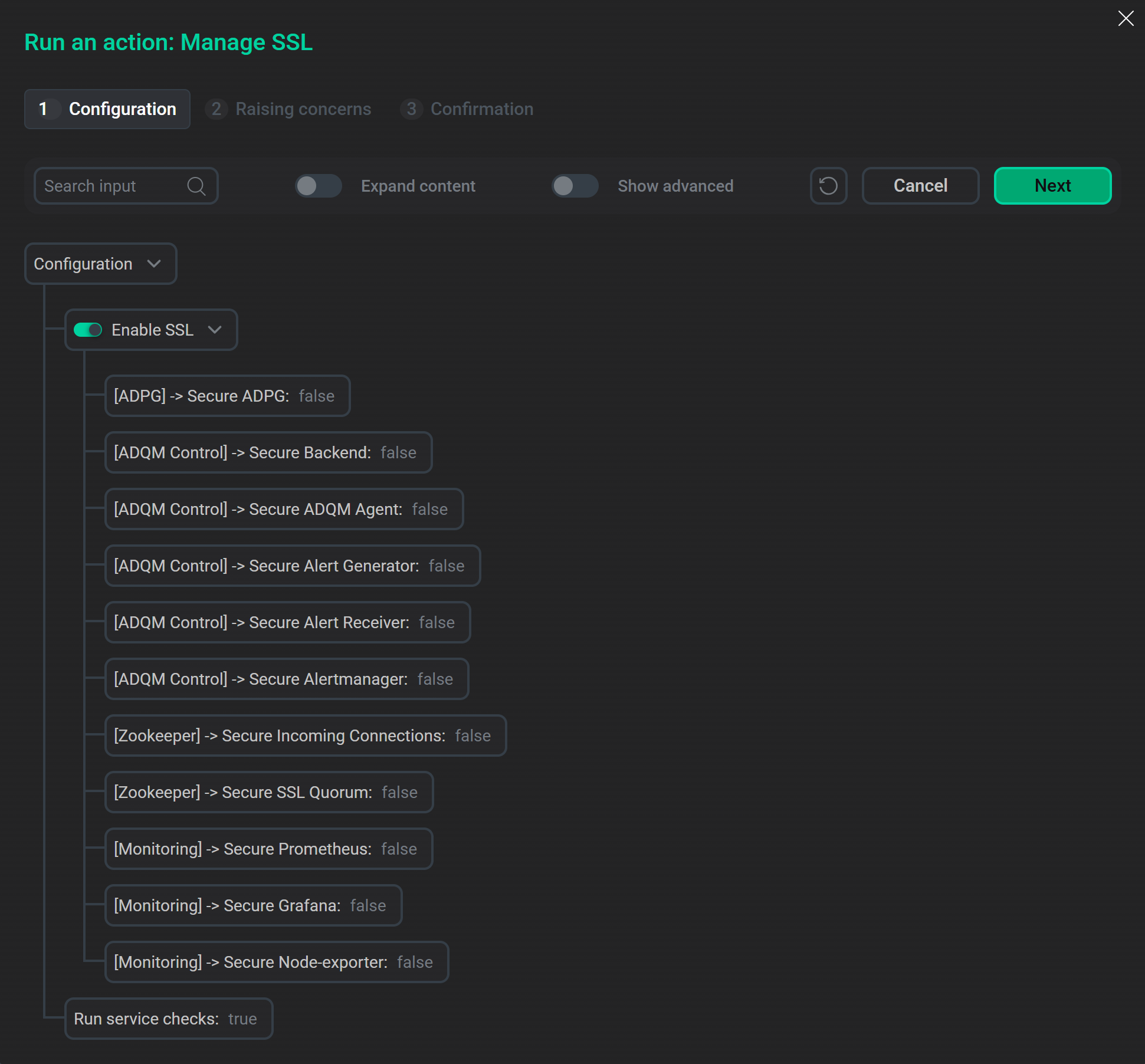 Параметры для включения SSL в окне конфигурации действия Manage SSL