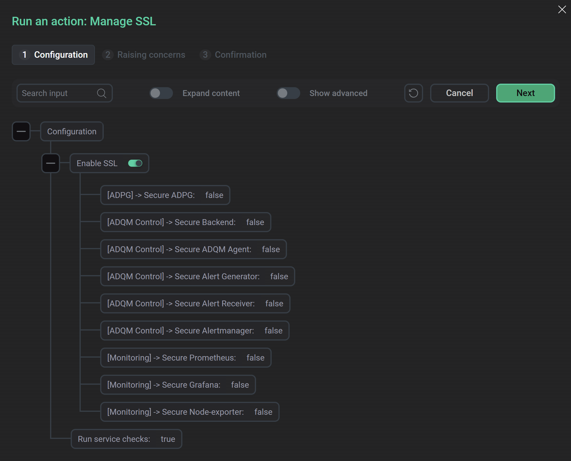Параметры для включения SSL в окне конфигурации действия Manage SSL