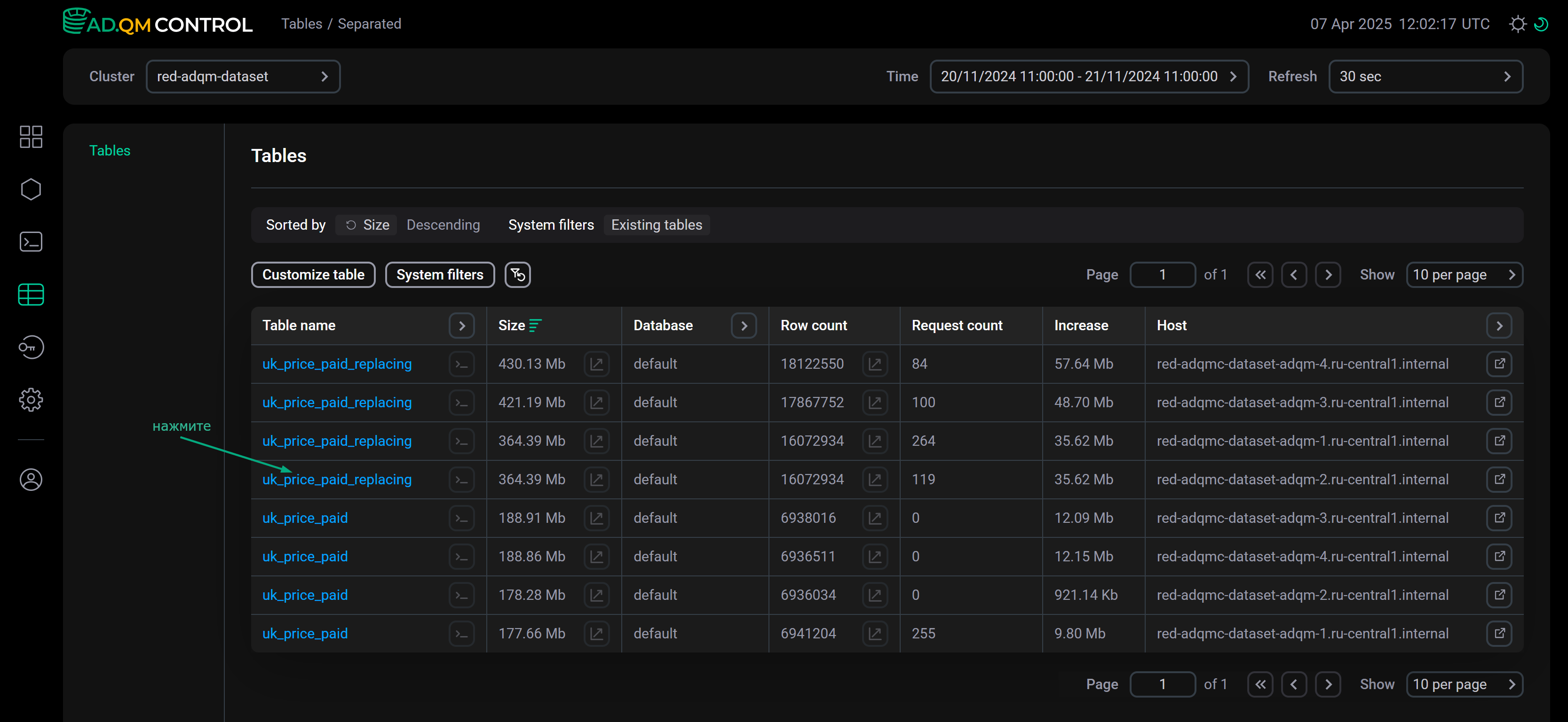 Выбор таблицы
