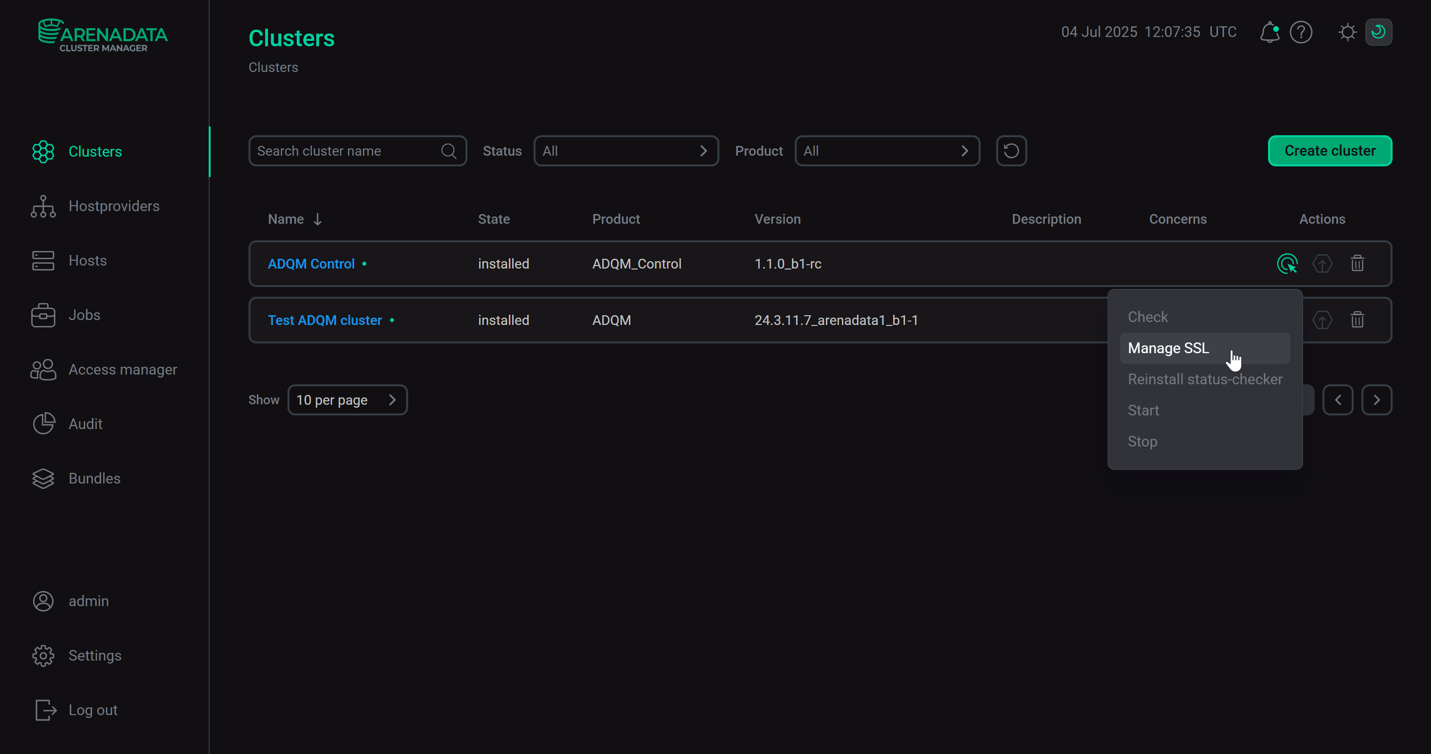 Запуск действия Manage SSL