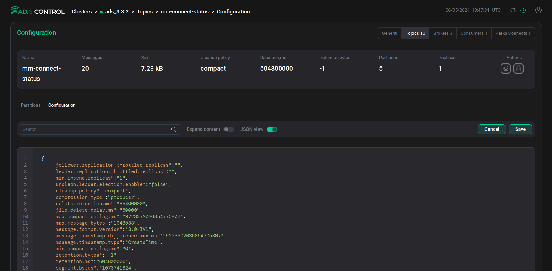 Параметры топика в JSON-формате