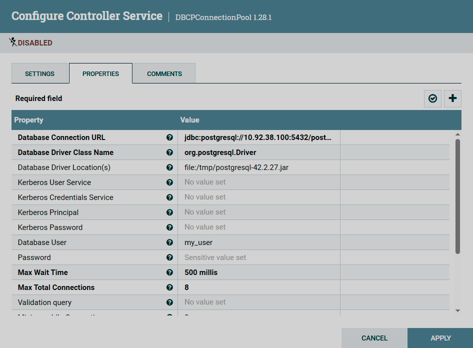 Конфигурация сервиса PostgresDBCPConnectionPool