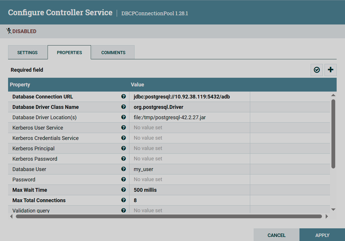 Конфигурация сервиса GreengageDBCPConnectionPool