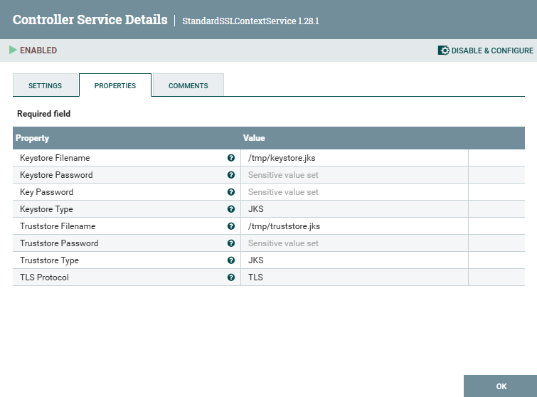 Параметры сервиса контроллера StandardSSLContextService