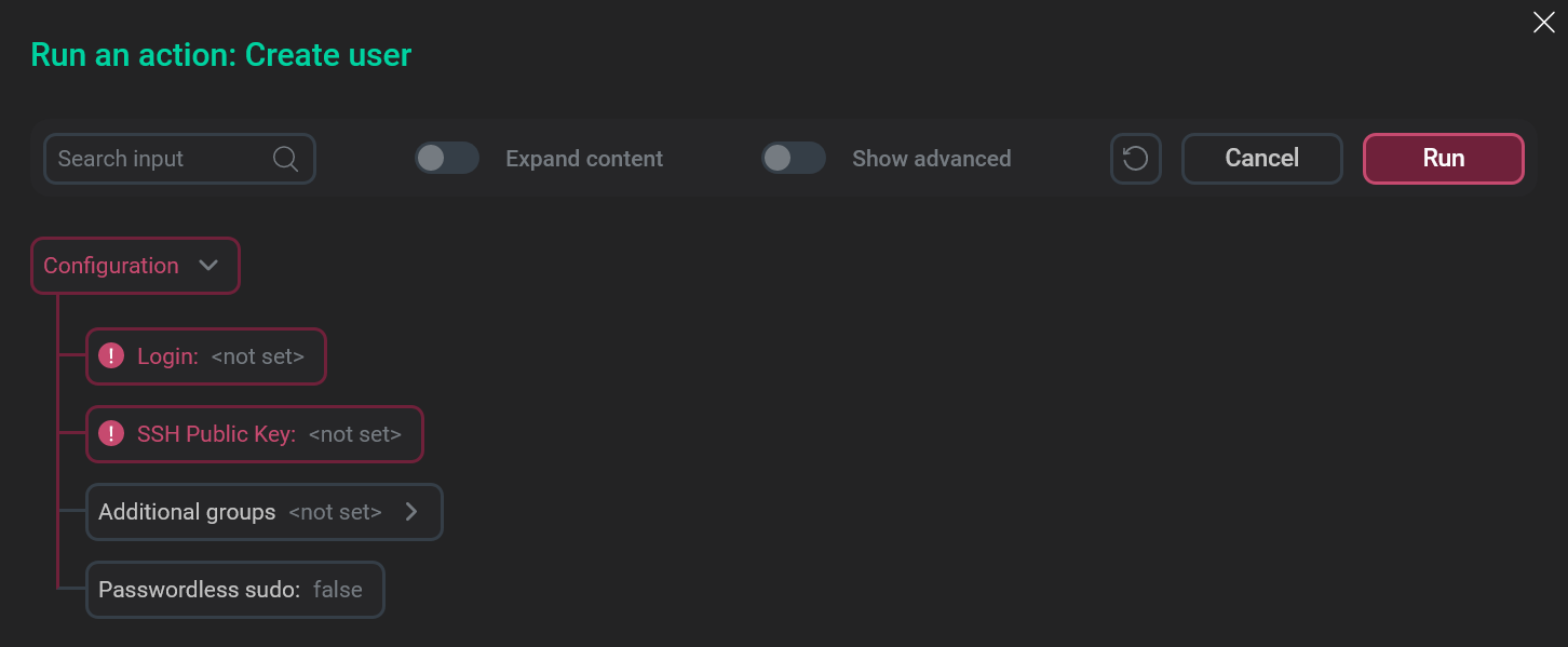Форма действия Create user