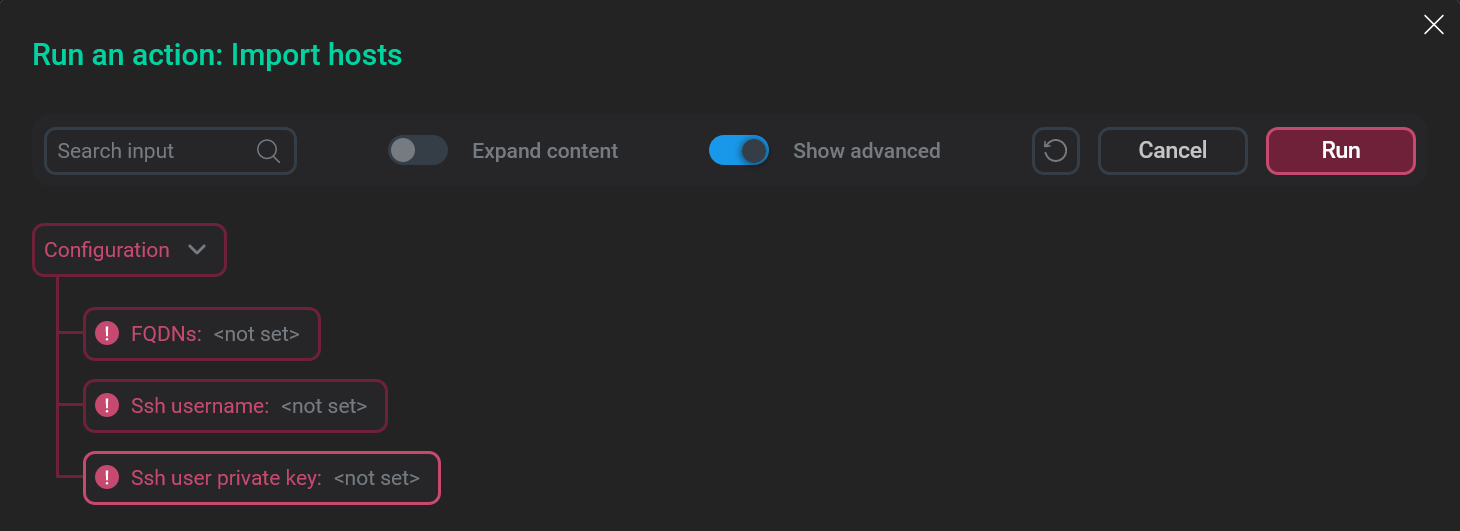 Форма действия Import hosts
